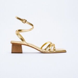 Zara Ankle Wrap Gold Block Heeled Sandal Size 40